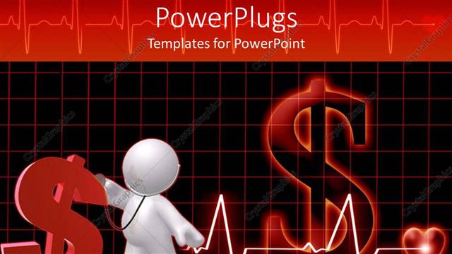  Presentation with monitoring - Concept of public healthcare cost represented by red dollar sign with 3D white figure and heart monitoring line leading to heart on dark red and black background