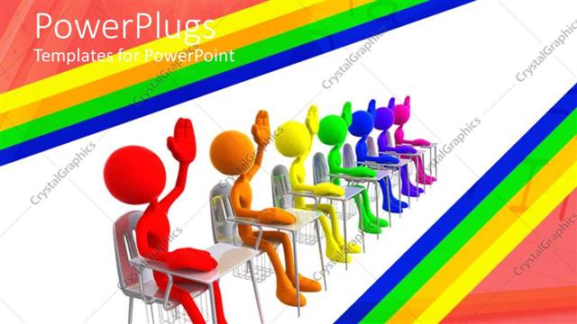  Presentation with students - Concept of students seated side by side with left hand raised