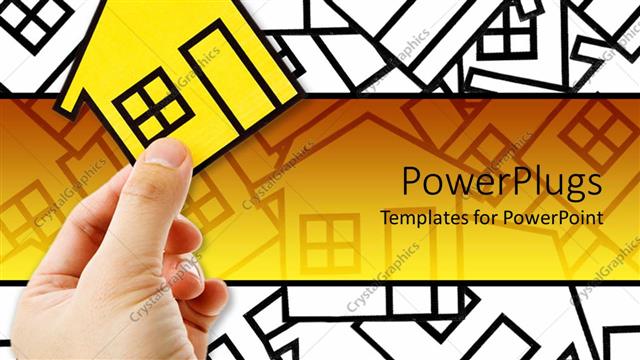 Presentation with home design - Conceptual design for real estate, little white card board homes with a yellow home on the front in a man hand