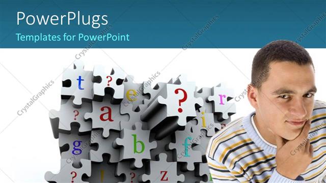  Presentation with white letters - Conceptual puzzle wall with letters on face with man in front thinking and white color