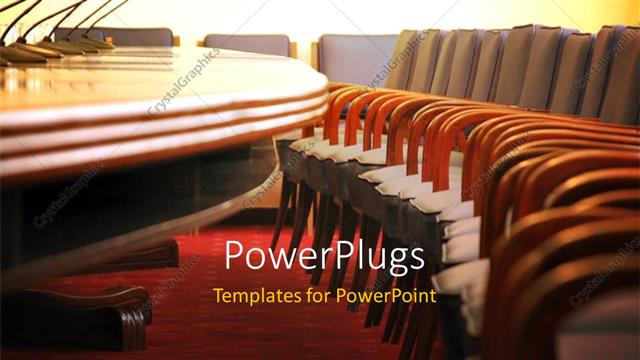  Presentation with conference - Conference room with microphones and empty wooden chairs