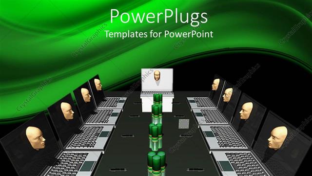  Presentation with online meeting - Conference table with laptops facing center and three dimensional faces emerging from screens