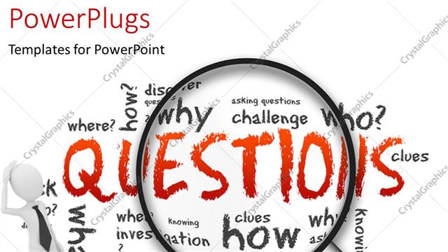  Presentation with glass - Confused white figure in black tie with briefcase next to magnifying glass over question words