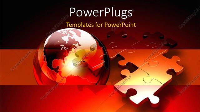  Presentation with metallic - Connected metallic puzzle pieces and 3D globe floating above a red and orange