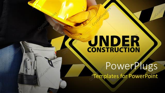  Presentation with under construction - A construction cap with a glove and yellowish background