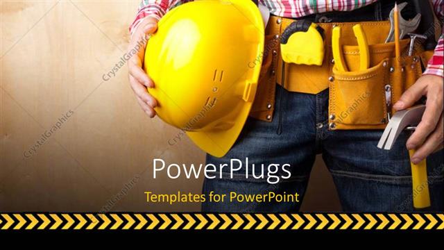  Presentation with construction tools - A construction engineer yellow with helmet and tools and textured wall