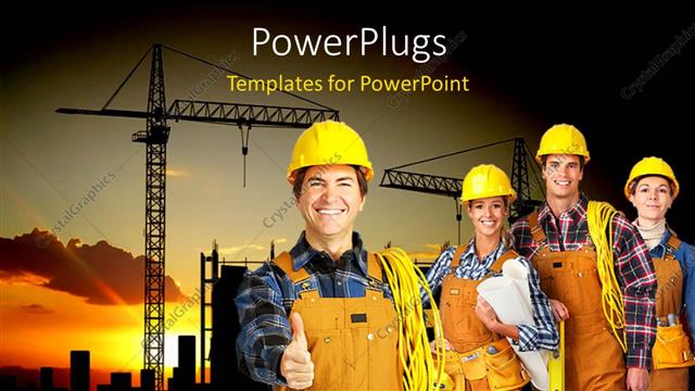  Presentation with builder - Construction worker gestures for handshake with team and heavy equipments behind