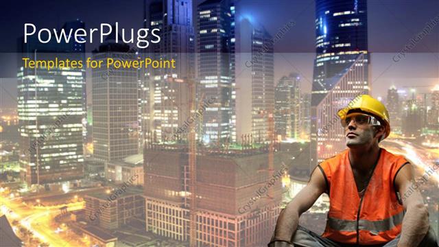  Presentation with construction - A construction worker with skyscrapers in the background