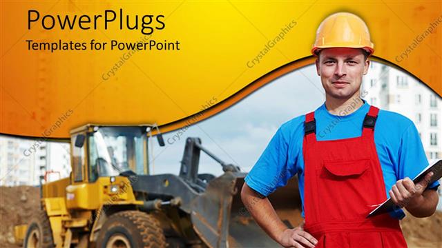  Presentation with tractor - A construction worker standing t a site with a tractor