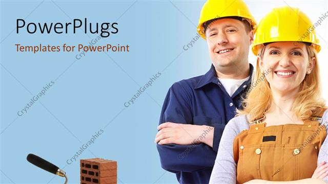  Presentation with contractor - Construction workers smiling with protective helmet and brick towel on brick