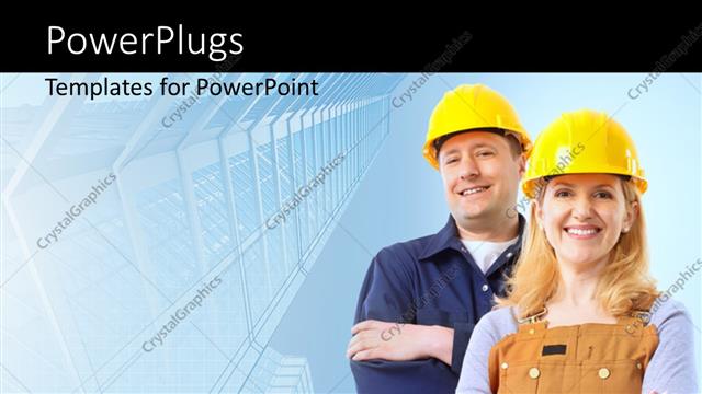  Presentation with blueprint - Contractor people wearing helmets with building blueprint in background