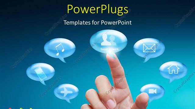  Presentation with social - Conversation bubbles with various icons and finger touching social network option