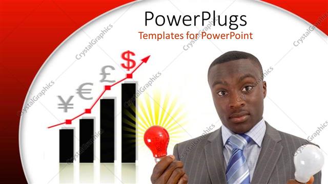  Presentation with economy - A corporate business man holding a red and white bulb