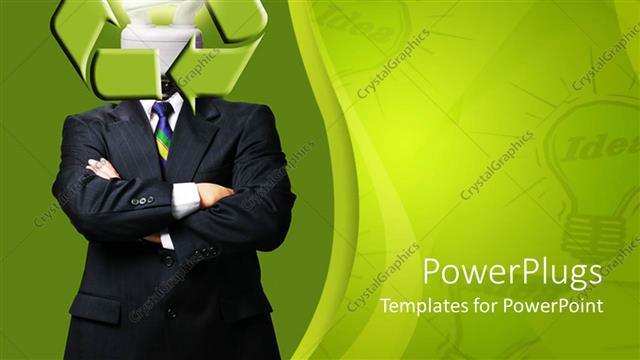  Presentation with recycle - Corporately dressed adult male with a bulb and recycle symbol for a head