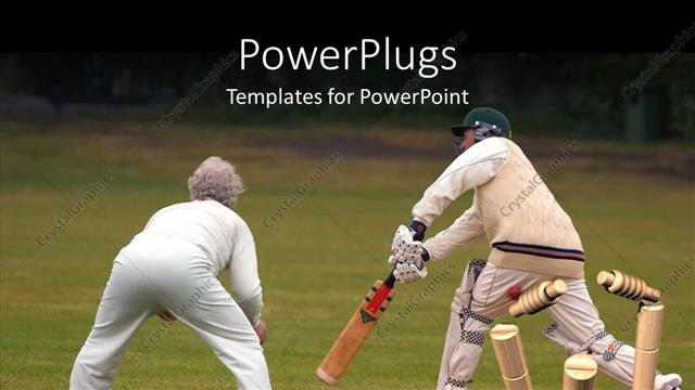  Presentation with playground - Couple of senior man and woman playing cricket on cricket playground
