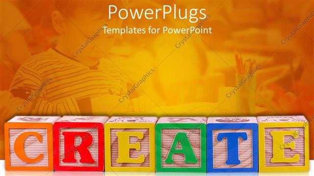  Presentation with school building - Create spelled out in children's building blocks, boy at desk in school in background