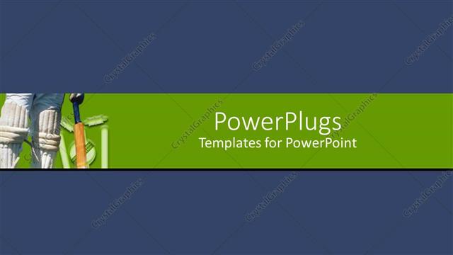  Presentation with banner blue - Cricket player with batt and pads on green banner, blue background