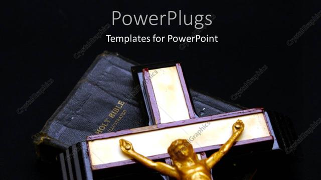  Presentation with black cross - Cross with gold Jesus on Holy Bible over black background