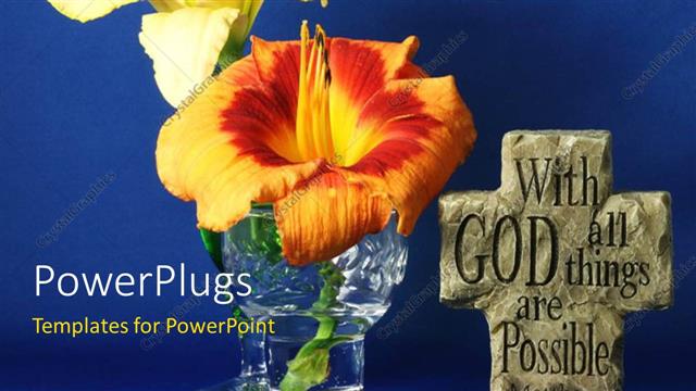  Presentation with saying - Cross with religious text engraved with flowers on blue background