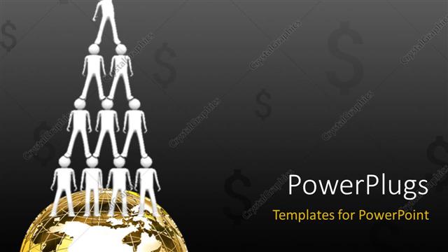  Presentation with dollar signs - Crowd one over other forming series standing over the globe with dark grey color and dollar signs