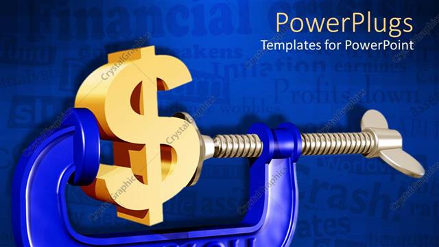  Presentation with golden dollar sign - Crunch clamp squeezing 3D golden dollar sign on background with words related to financial situation, forecast, crash