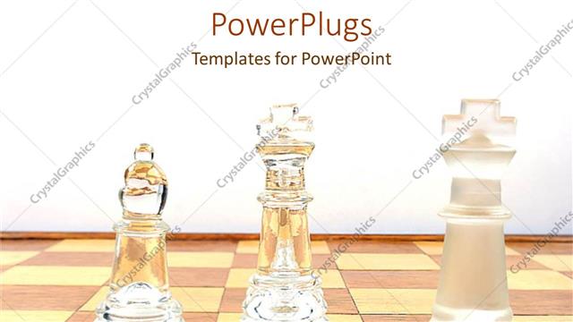  Presentation with board game - Crystal chess pieces arranged on board against white background