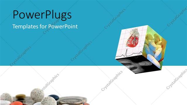  Presentation with cube - Cube with medical depictions with pills and coins