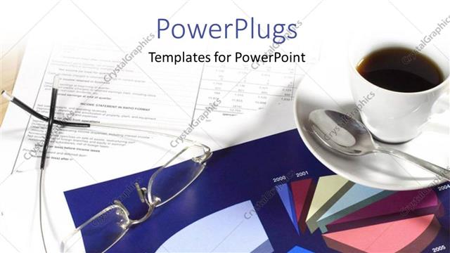  Presentation with coffee - Cup of coffee and business financial pie charts with documents