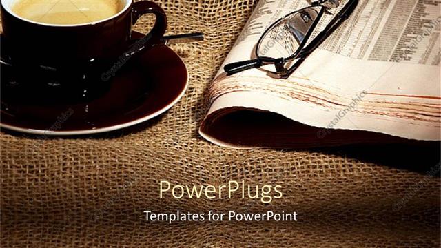  Presentation with tablecloth - Cup of coffee on saucer and newspaper with eyeglasses on rustic tablecloth