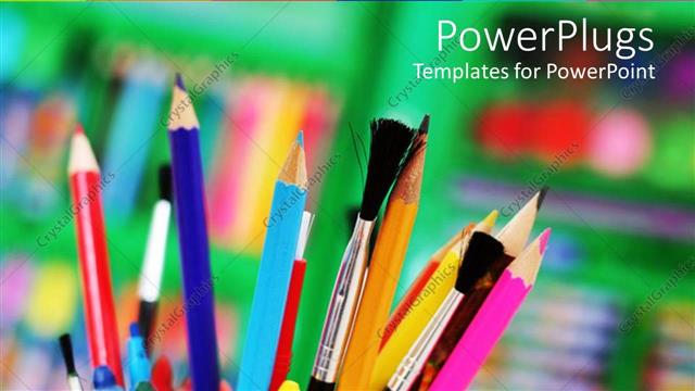  Presentation with color pencils - Cup holding several paint brushes, pens, color pencils and markers