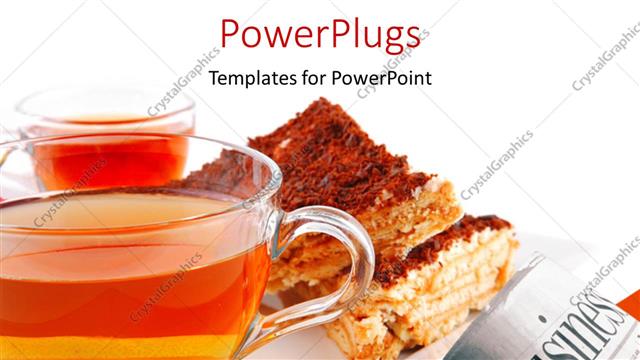  Presentation with tea cake - A cup with liquid in it and a newspaper and food