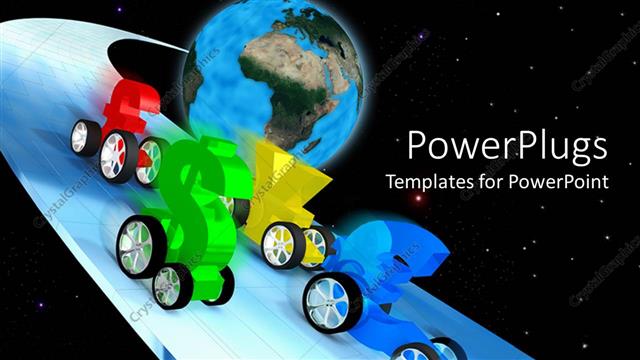  Presentation with world currency - Currency symbols with wheels racing, globe background, world economy, economic race