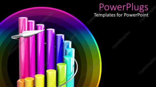  Presentation with cylindrical - Curved cylindrical multi colored bar chart on black background