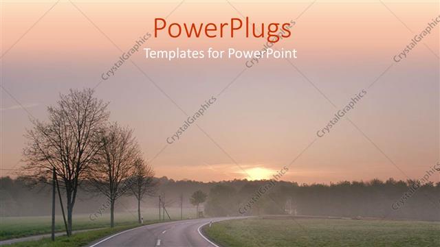  Presentation with forest road green - Curved road through green field and trees, forest near roads at sunrise
