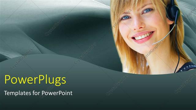  Presentation with support - Customer support lady with headphone and microphone over grey background?