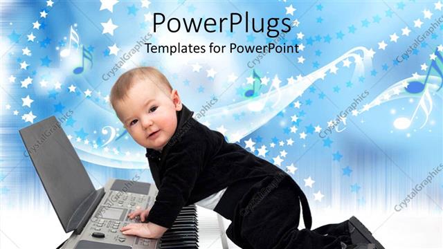  Presentation with black baby - Cute baby boy dressed in black tuxedo playing a piano