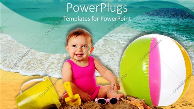  Presentation with beach ball - Cute baby playing on sand with a ball bucket and glasses