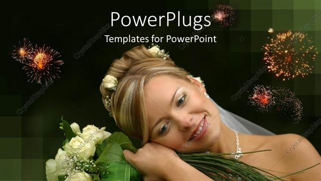  Presentation with fireworks - Cute bride poses with bouquet and fireworks in background