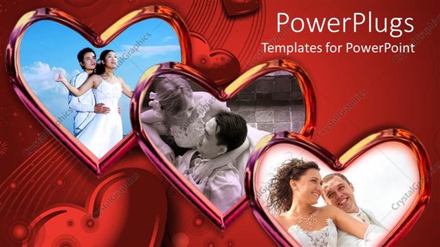  Presentation with shapes - Cute, happy couple in three love shapes and red background