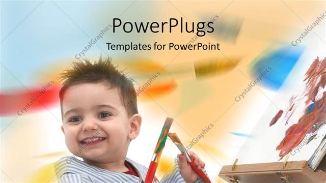  Presentation with paint art - Cute small male kid holding two paint brushes with a canvas