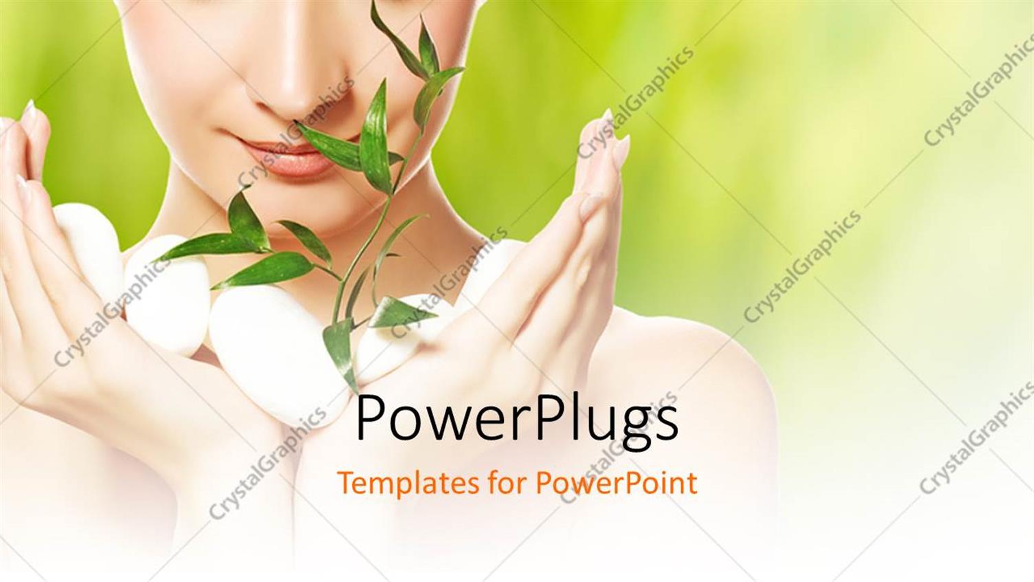 Featuring Cute woman with closed Eyes Holding White Stones and Plant in Hand