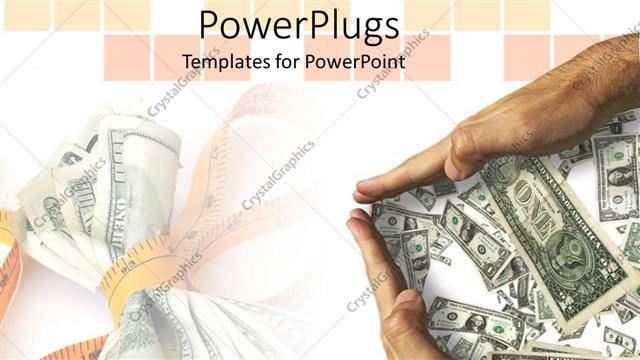  Presentation with money - Cutting costs metaphor with measuring tape wrapped around US dollars, hands around money bills