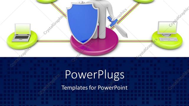  Presentation with blue shield - Data protection depiction with 3D man holding sword and blue shield