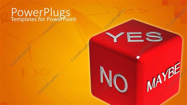  Presentation with decision making - Decision making metaphor with red die with yes, no, maybe words, orange yes no background