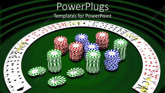  Presentation with casino - Deck of cards spread out around stacked casino chips