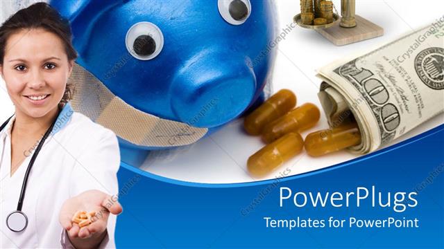  Presentation with health cost - Deep blue piggy bank with rolled up dollar bills and a female doctor