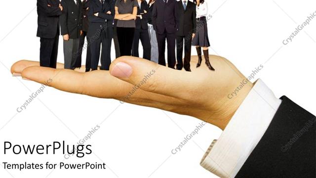  Presentation with leadership - Depiction of an adult hand with lots of business workers