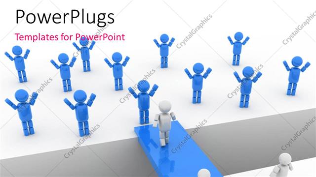  Presentation with bridge - Depiction of bridge between two groups of blue and white 3D people