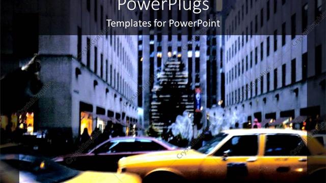  Presentation with busy - Depiction of a busy road with taxis and people