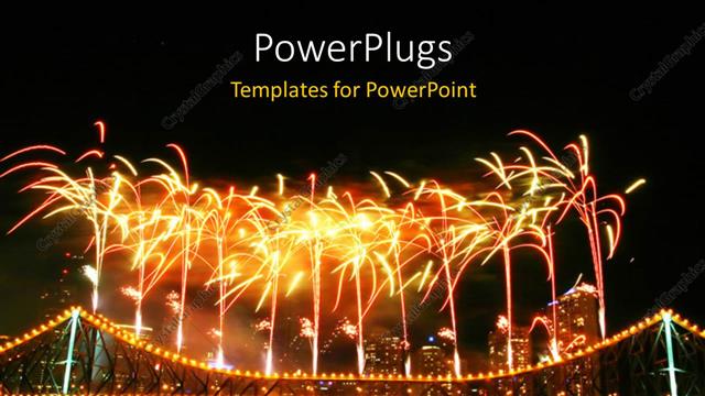  Presentation with fireworks - Depiction of celebration with fireworks in night sky over urban city